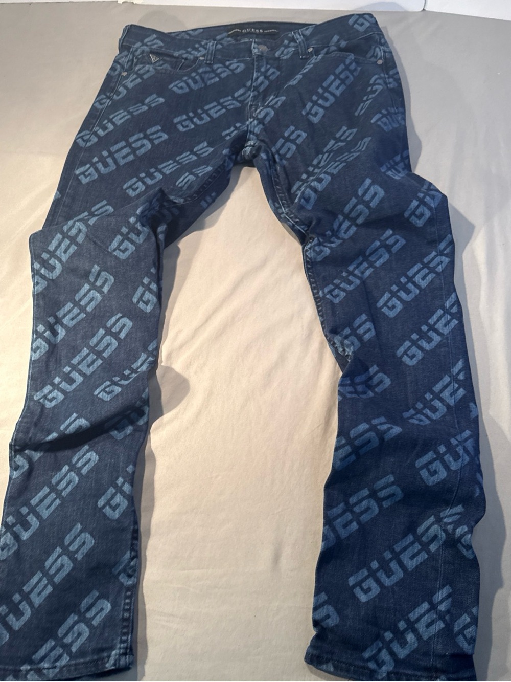 GUESS Men's Dark Blue All-Over Logo Slim Straight Jeans